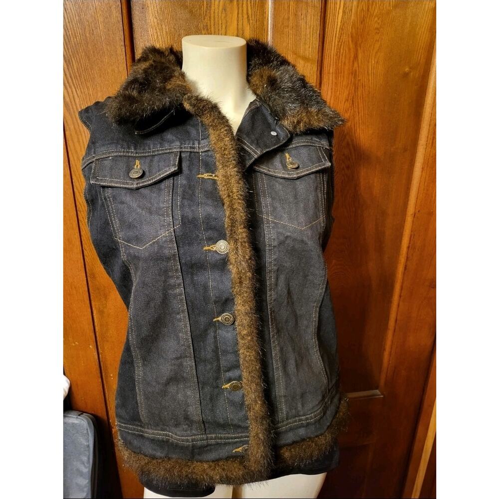 Women’s Jean Denim Vest Faux Fur Trim Collar Removable Size M